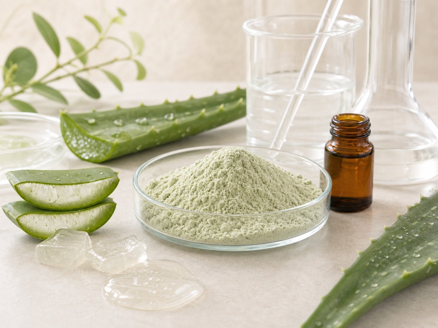 Aloe vera extract powder with aloe leaf slices and clear aloe gel