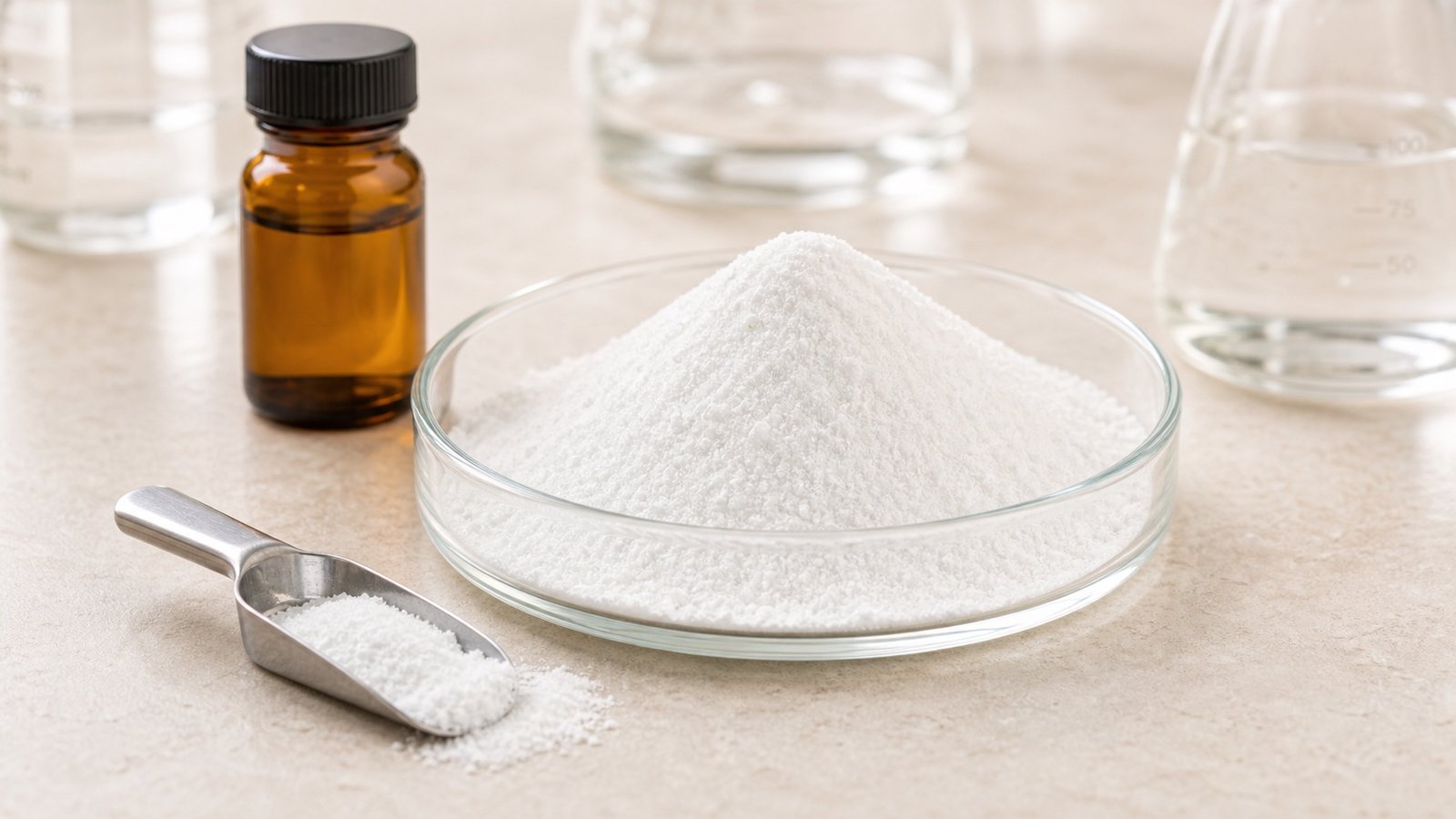 Alpha GPC powder with laboratory scoop and amber sample bottle