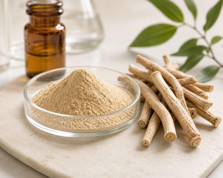 Ashwagandha extract powder with dried roots and amber sample bottle