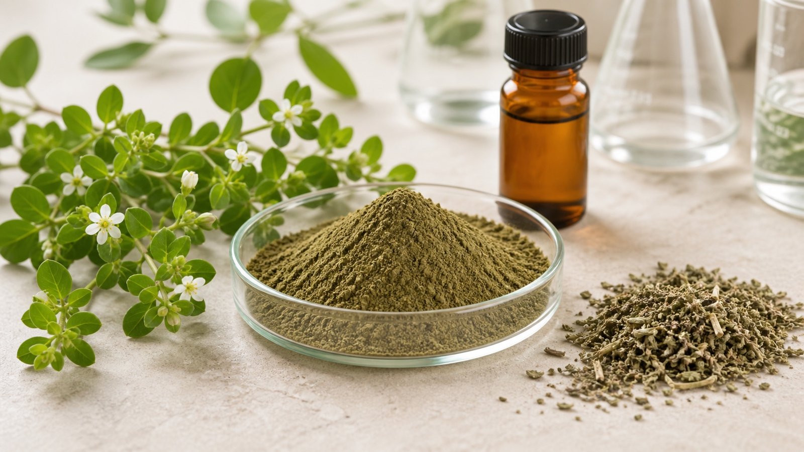 Bacopa monnieri extract powder with fresh bacopa leaves and amber sample bottle