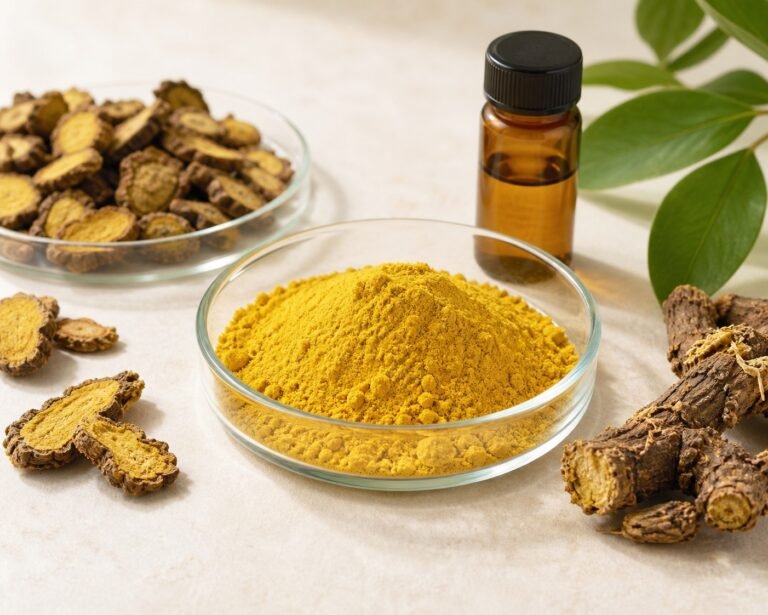 Berberine extract powder with coptis root pieces and amber sample bottle