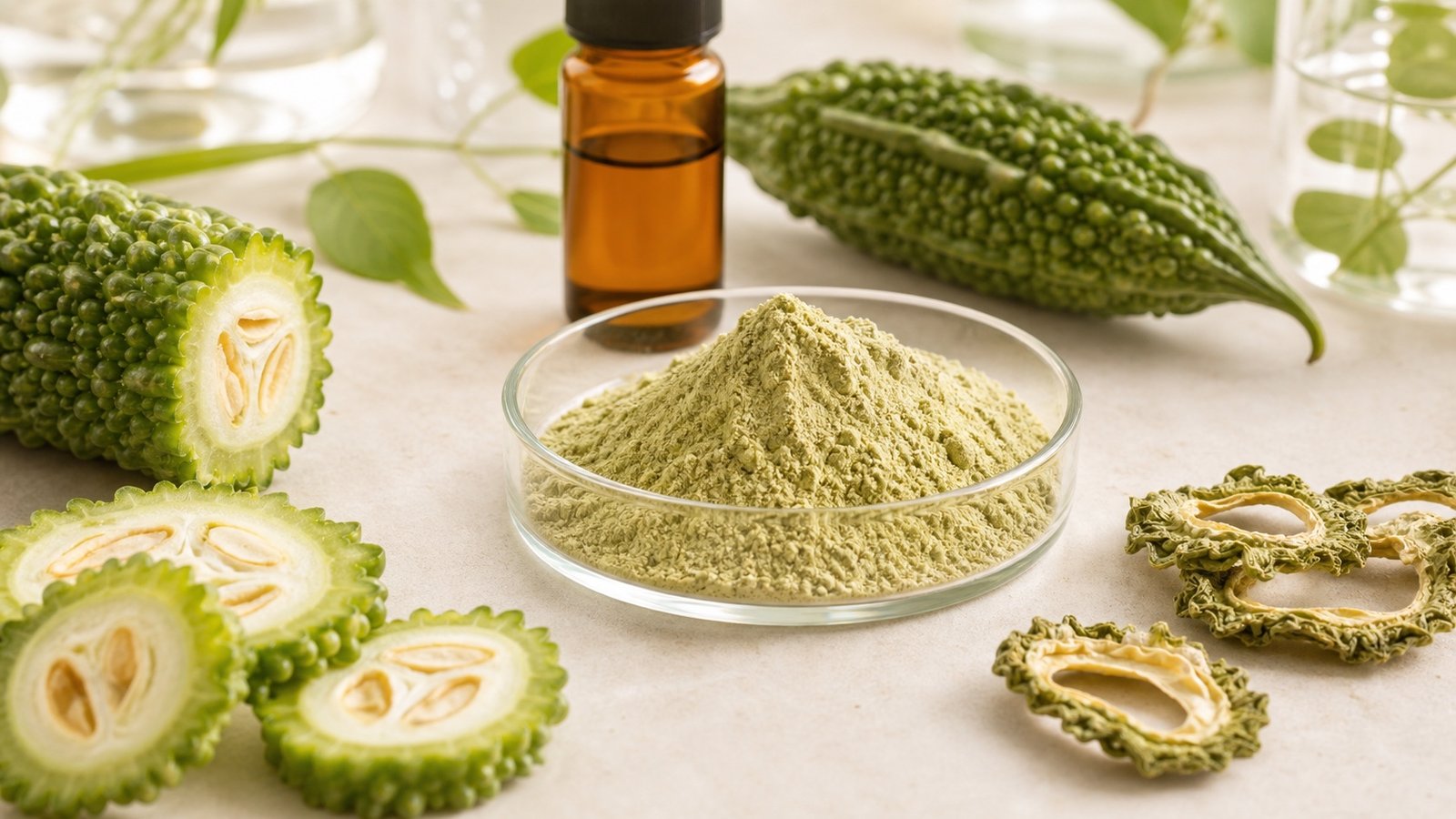Bitter melon extract powder with fresh bitter melon slices and amber sample bottle