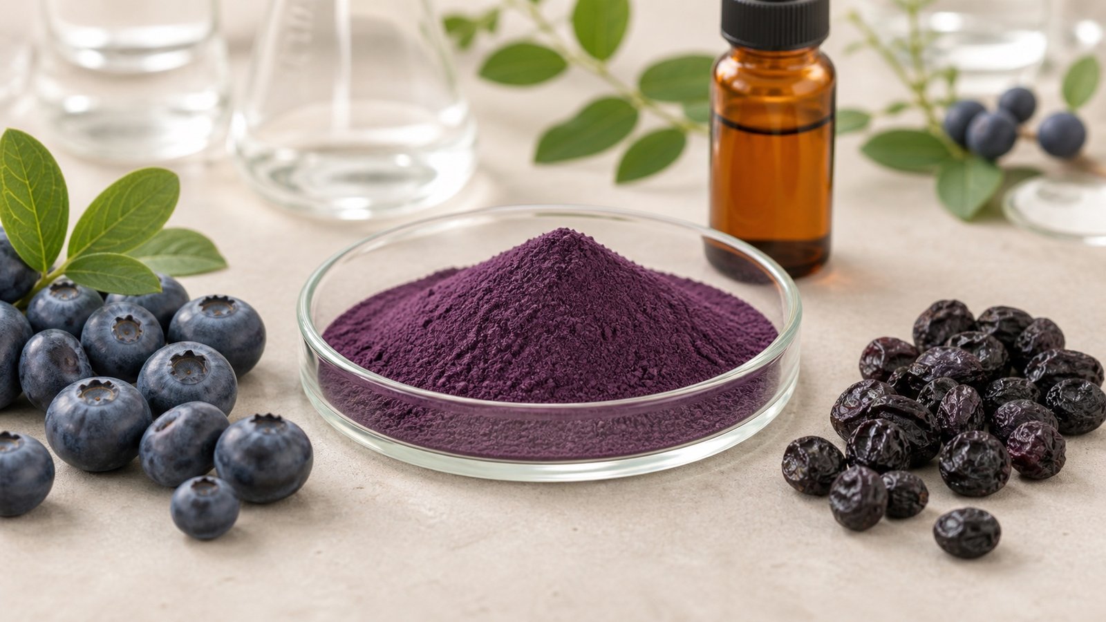 Blueberry extract powder with fresh and dried blueberries and amber sample bottle