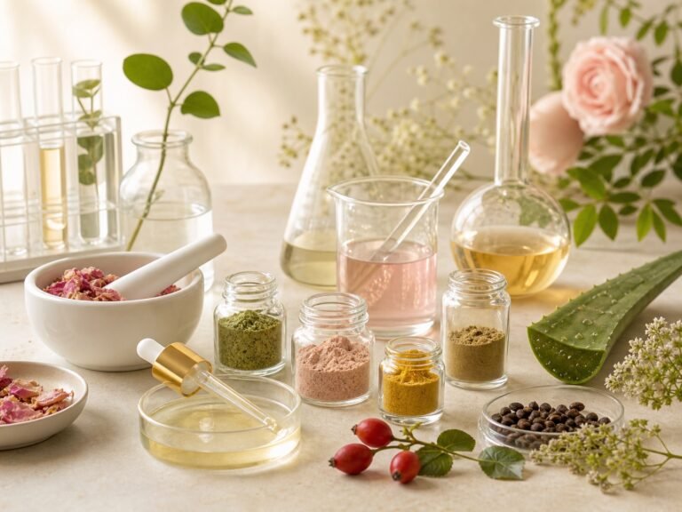 Botanical cosmetic ingredients with lab glassware, plant extracts, and skincare formulation samples