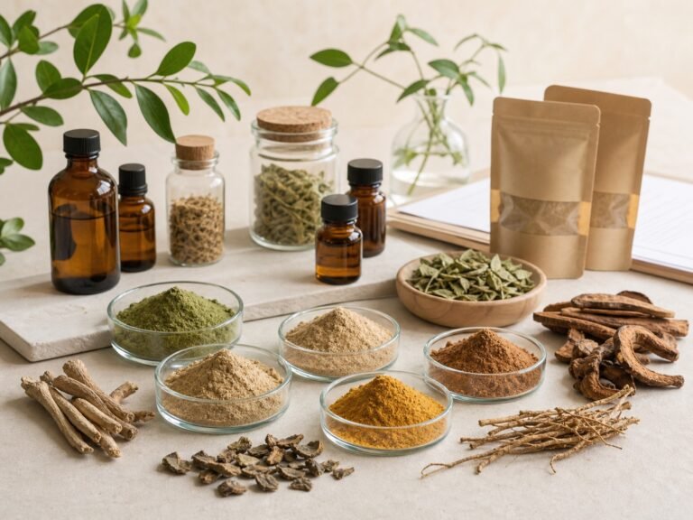 Botanical extract powders, roots, leaves, and sample bottles for supplement ingredients