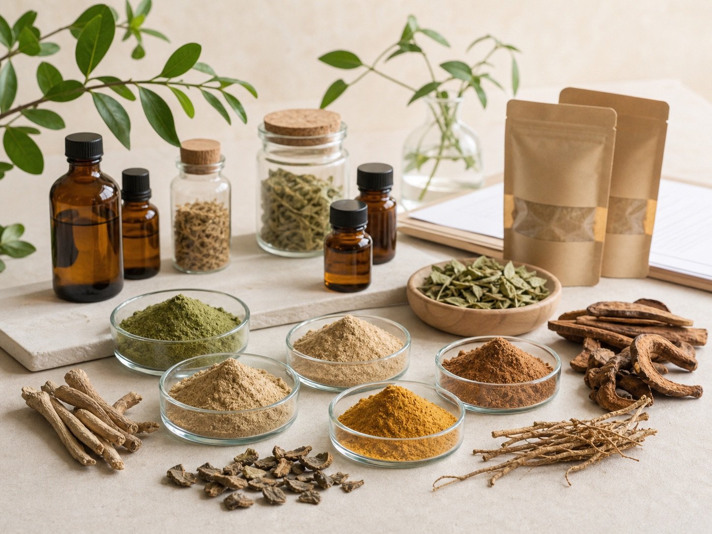 Botanical extract powders, roots, leaves, and sample bottles for supplement ingredients