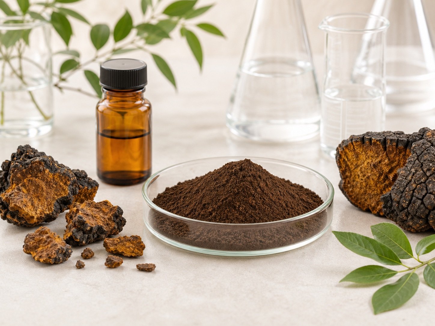 Chaga mushroom extract powder with chaga mushroom pieces and amber sample bottle