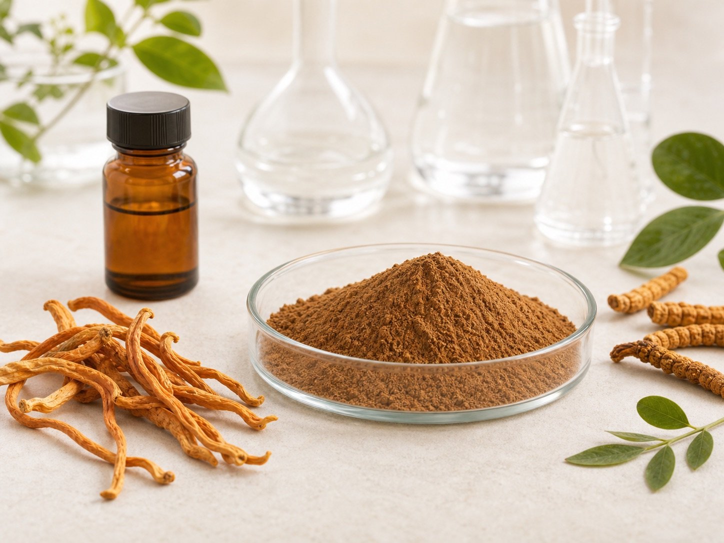 Cordyceps extract powder with dried cordyceps and amber sample bottle
