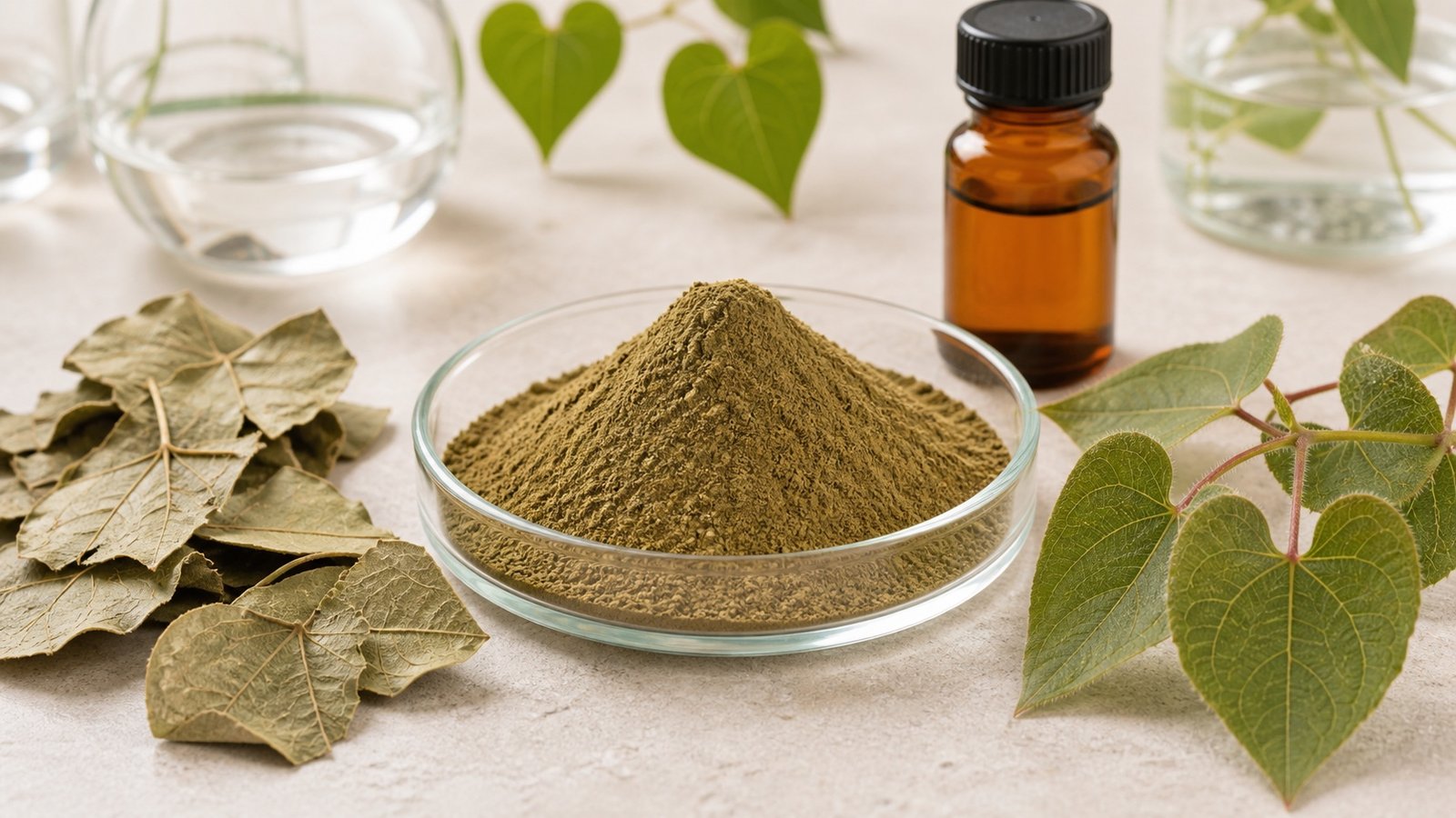 Epimedium extract powder with dried epimedium leaves and amber sample bottle