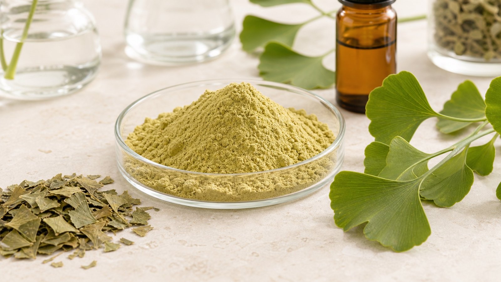 Ginkgo biloba extract powder with ginkgo leaves and amber sample bottle