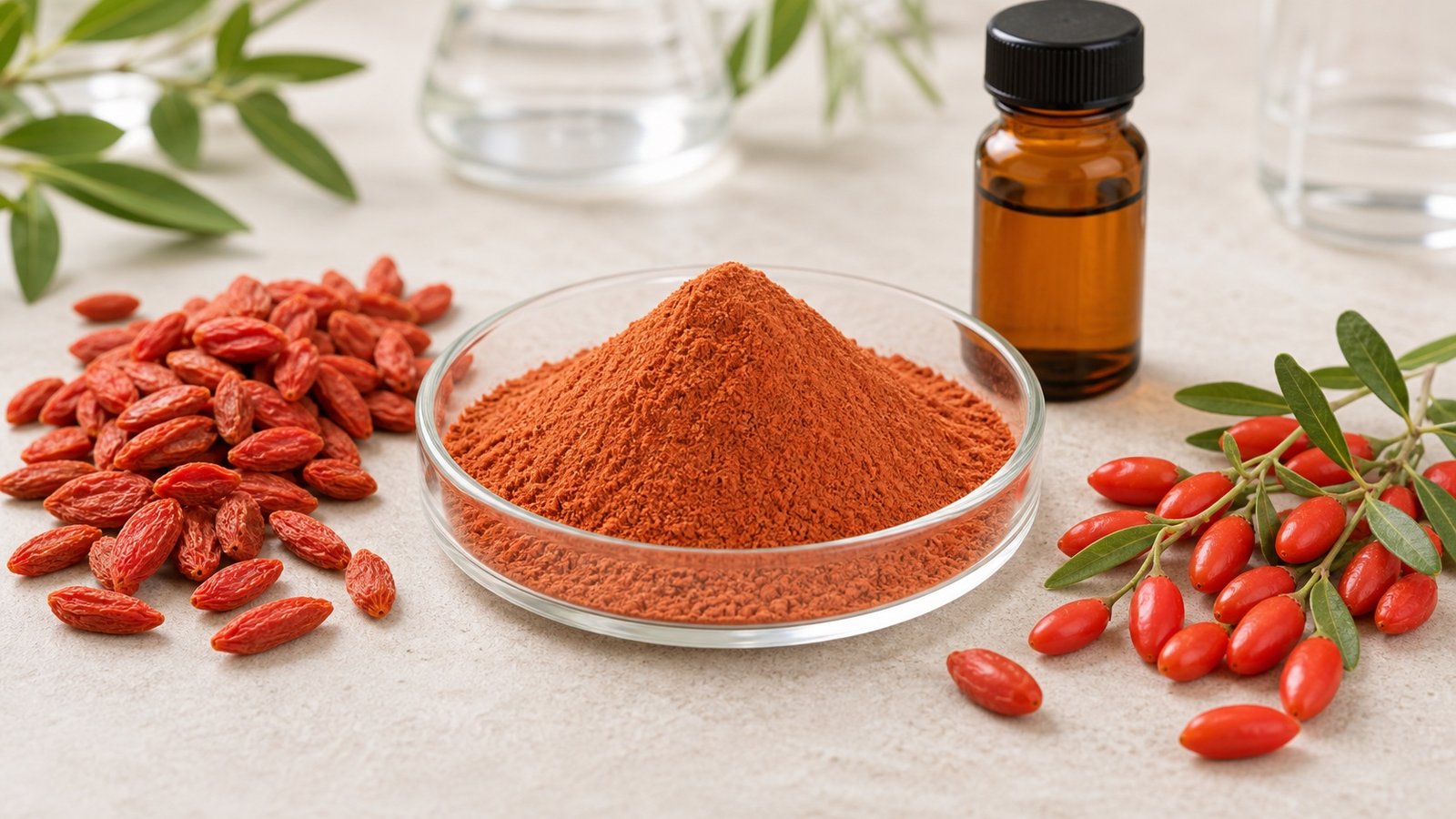 Goji berry extract powder with dried goji berries and amber sample bottle