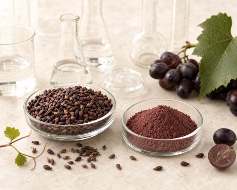 Grape seed extract powder with grape seeds, grape fruit, and lab glassware