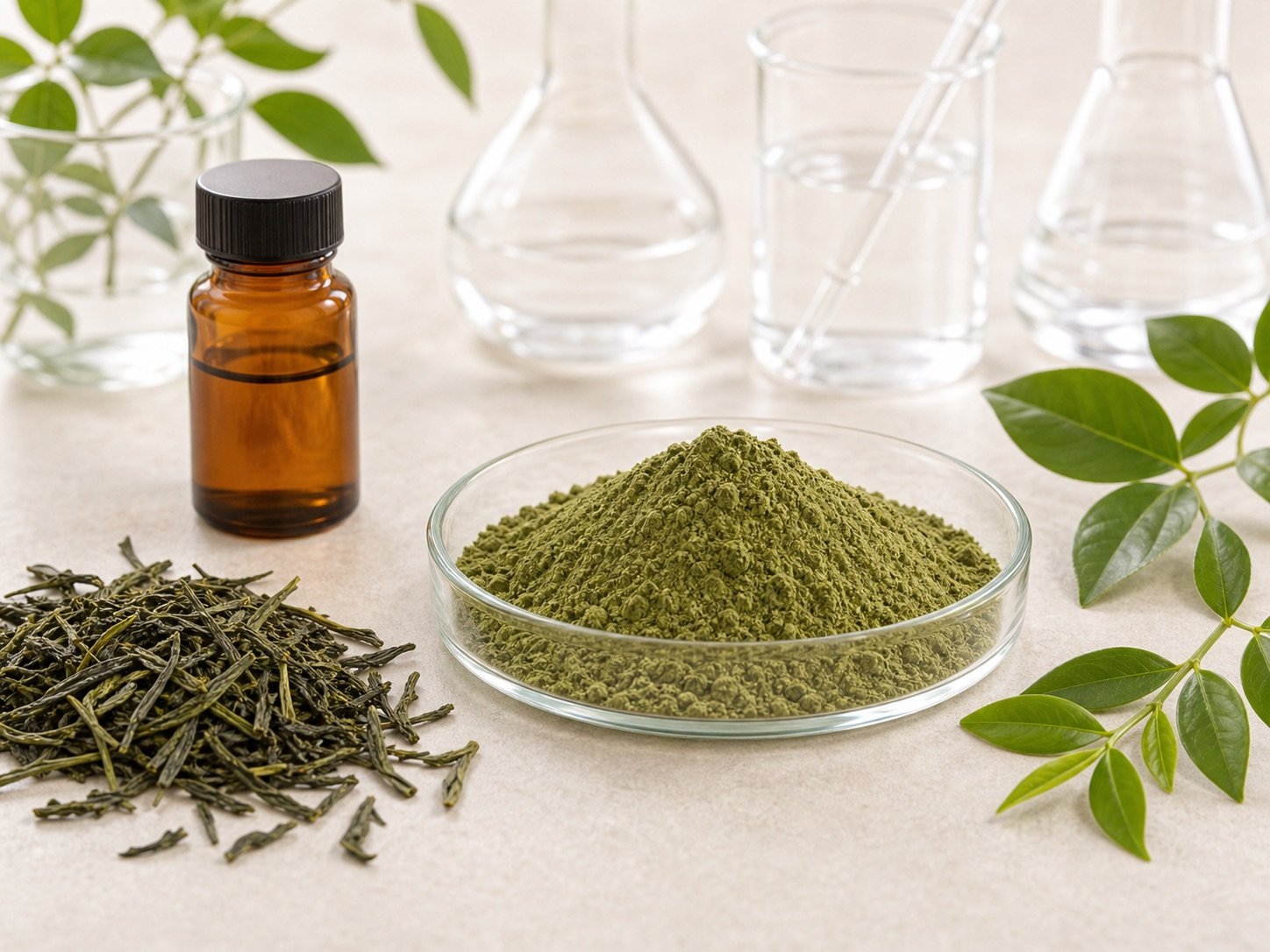 Green tea extract EGCG powder with loose green tea leaves and amber sample bottle