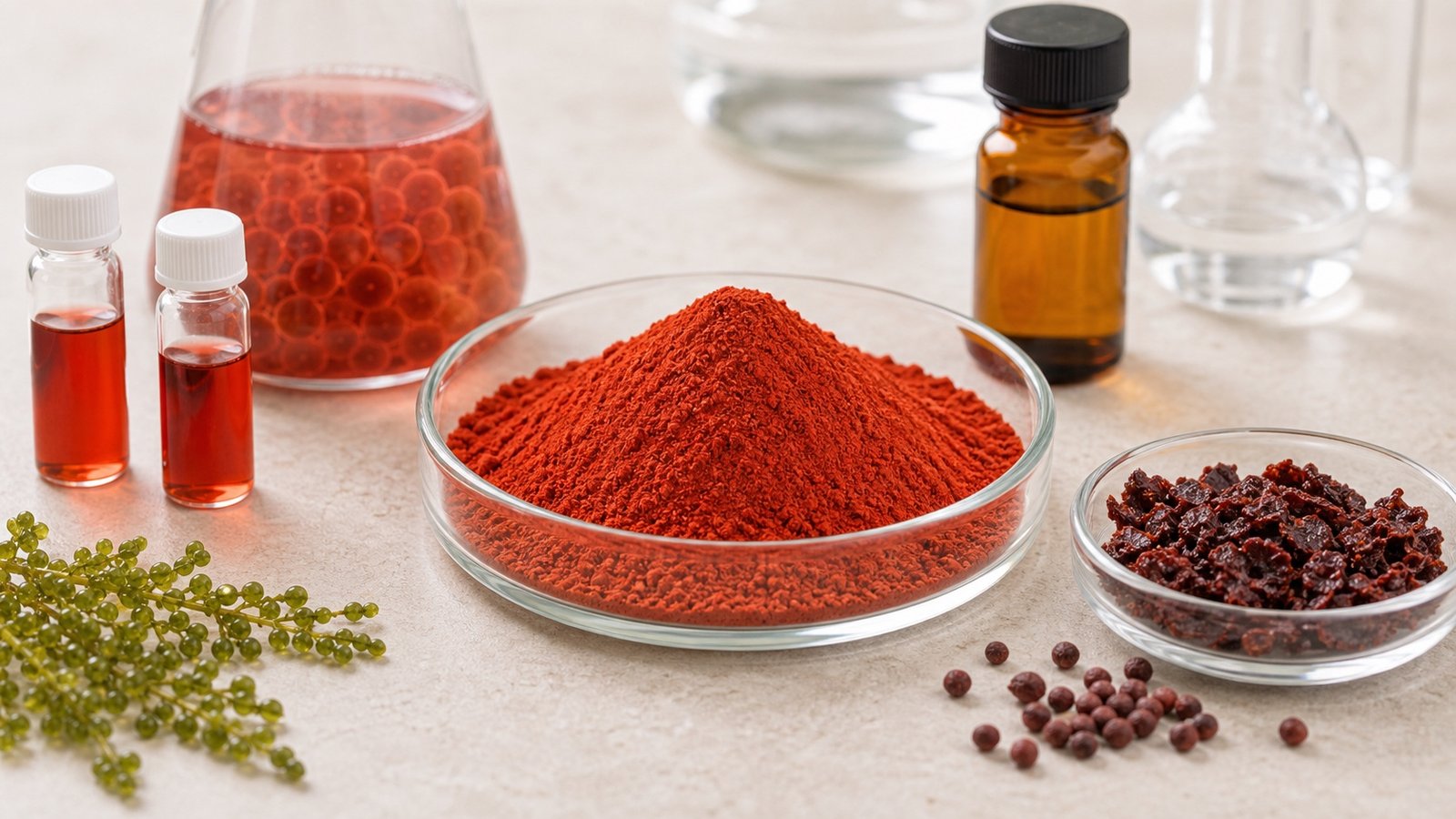 Haematococcus pluvialis astaxanthin powder with red algae lab samples and amber sample bottle