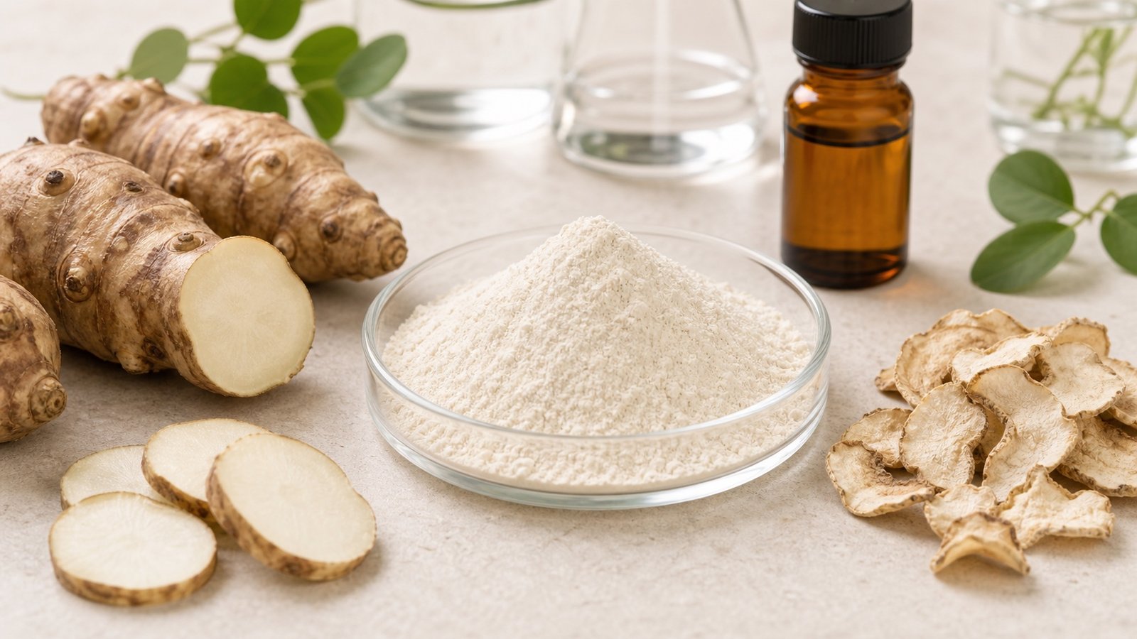Jerusalem artichoke inulin powder with sliced tubers and amber sample bottle