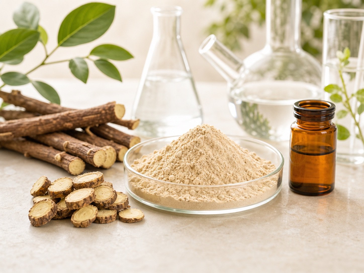Licorice root extract powder with sliced licorice roots and amber sample bottle