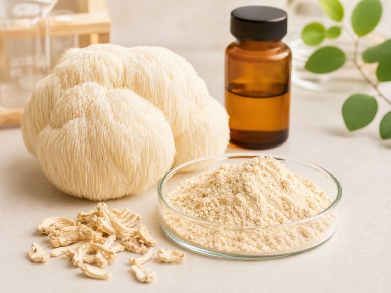 Lion’s mane extract powder with lion’s mane mushroom and amber sample bottle