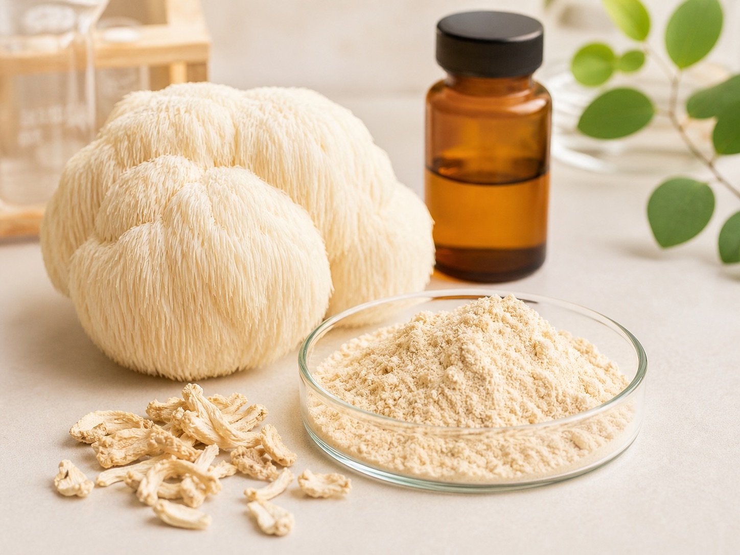 Lion’s mane extract powder with lion’s mane mushroom and amber sample bottle