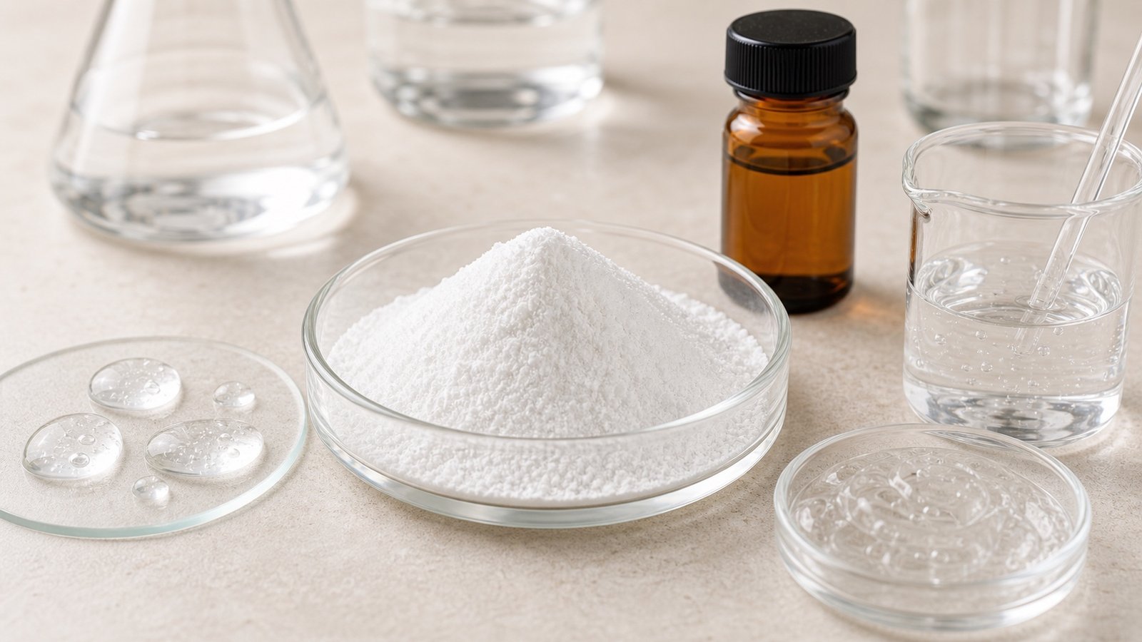 Low molecular weight hyaluronic acid powder with clear gel droplets and amber sample bottle