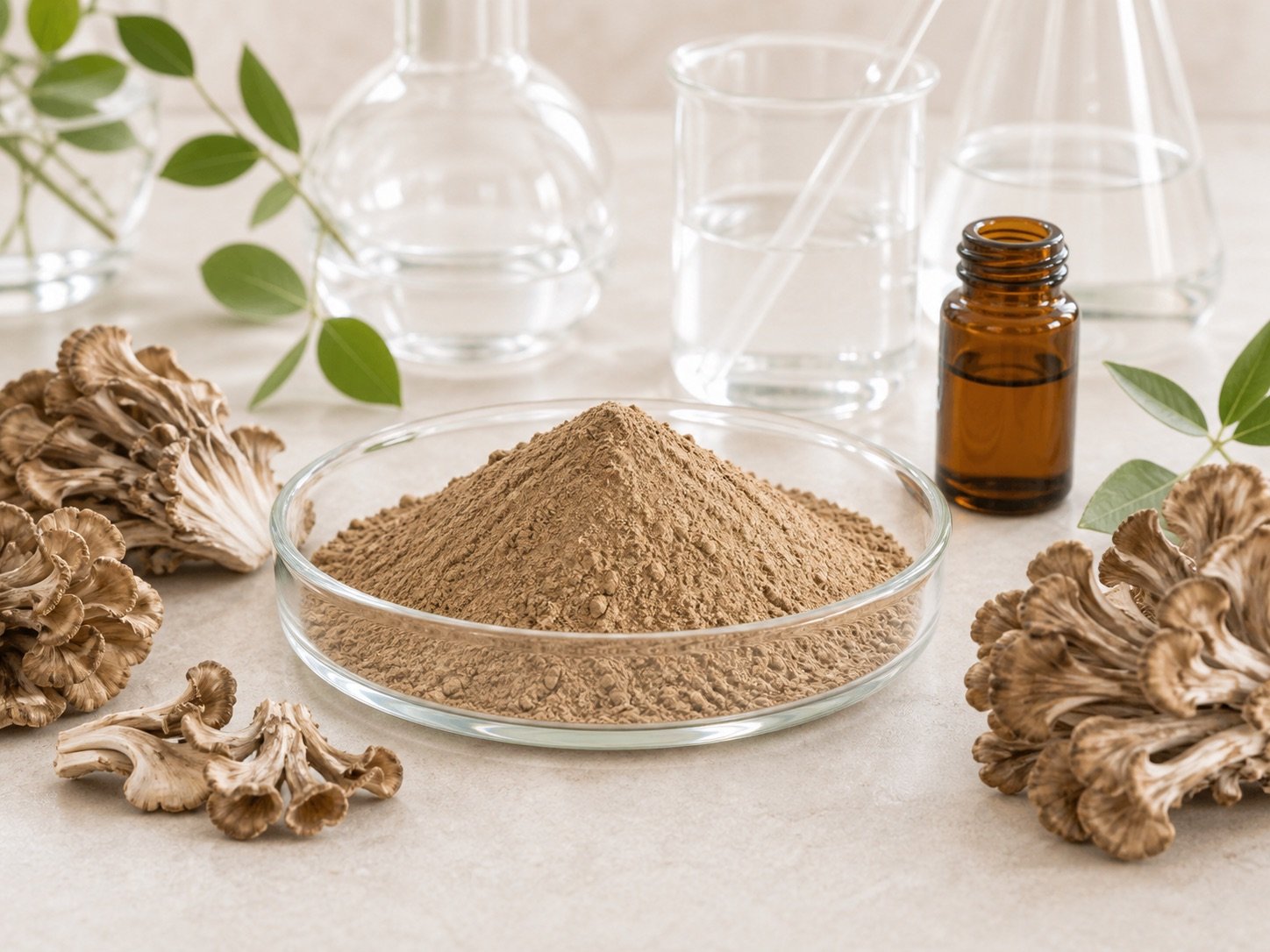 Maitake mushroom extract powder with maitake mushroom groups and amber sample bottle