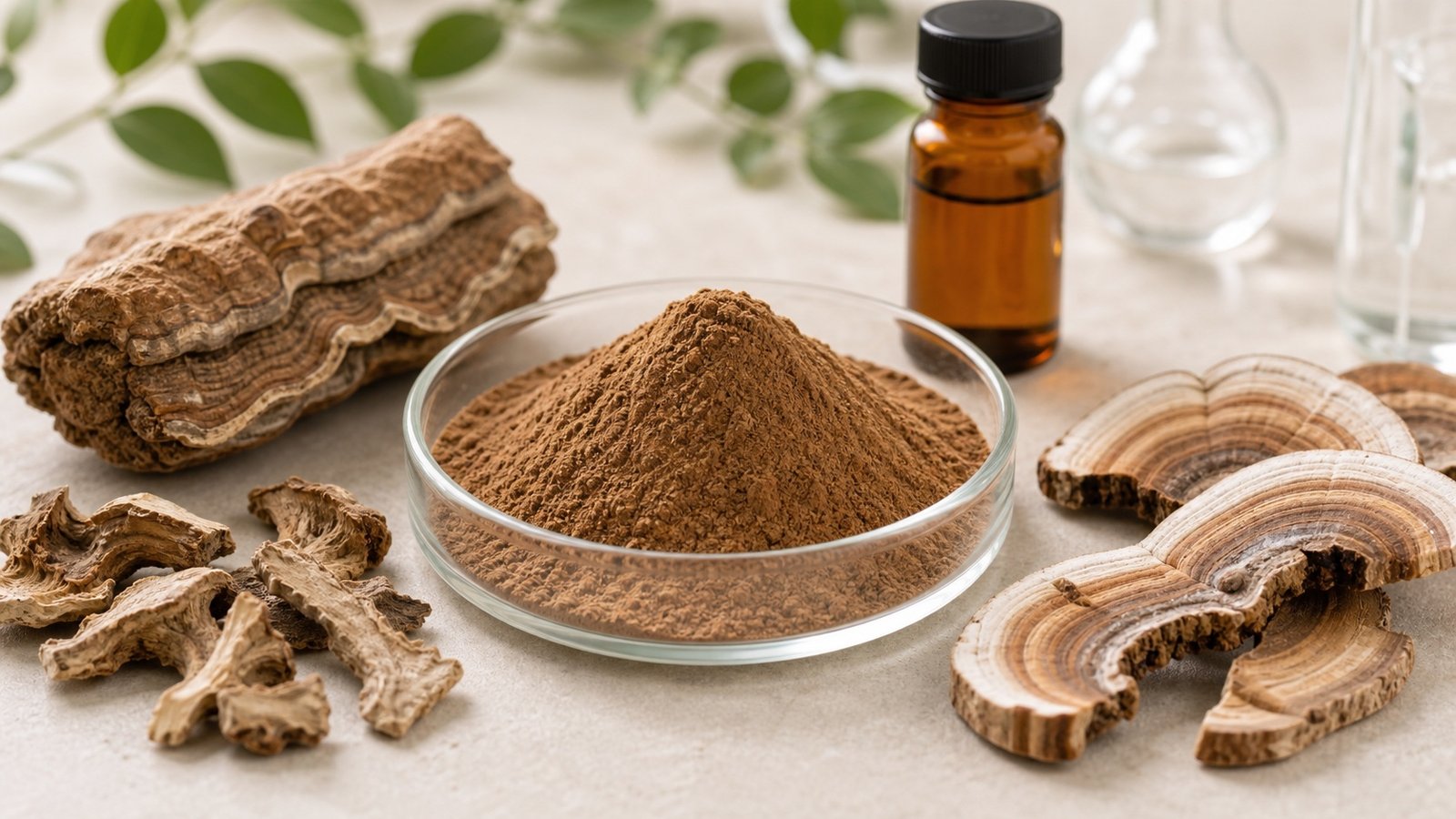 Meshima mushroom extract powder with dried mushroom pieces and amber sample bottle