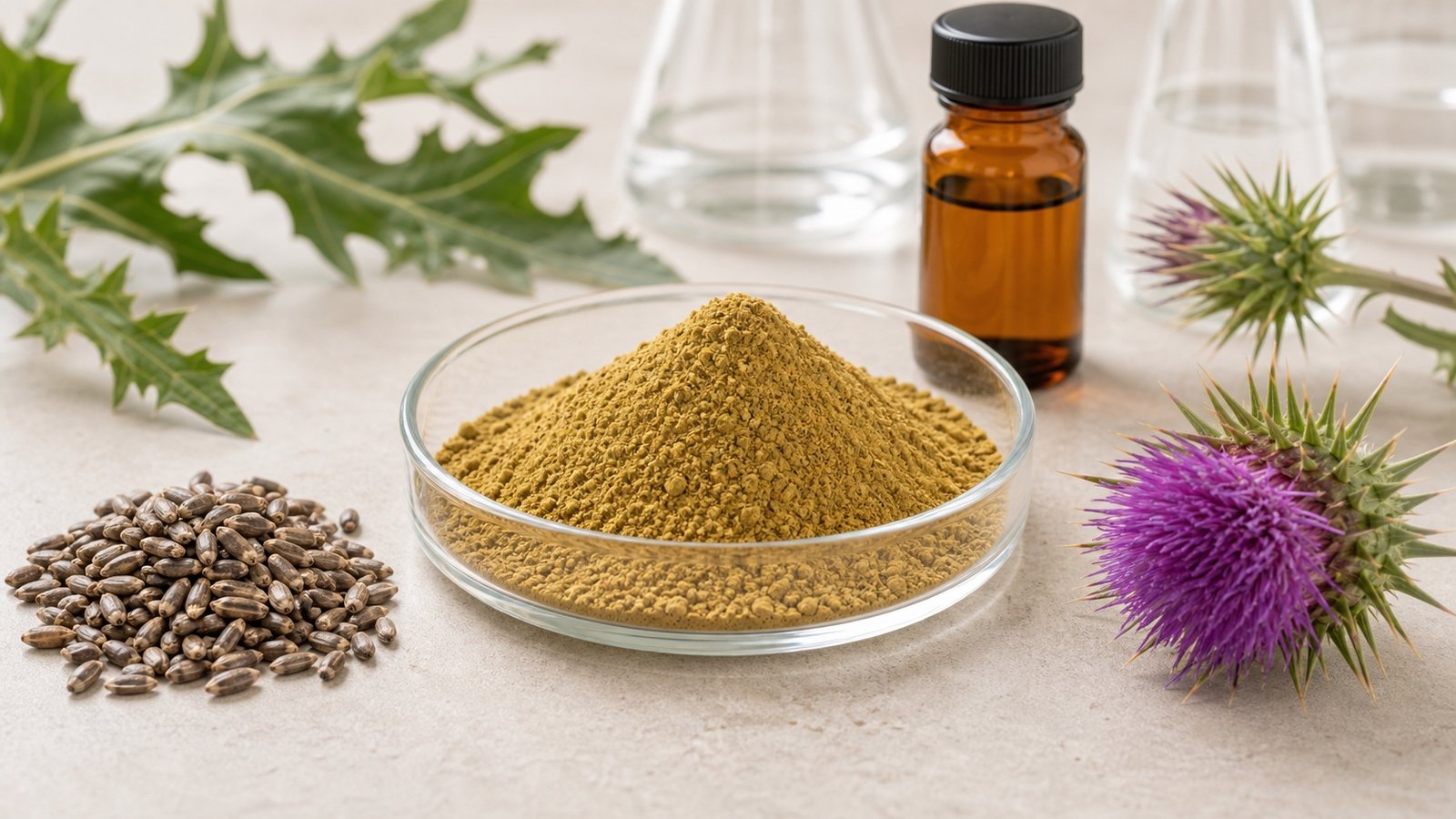 Milk thistle extract powder with milk thistle seeds and amber sample bottle