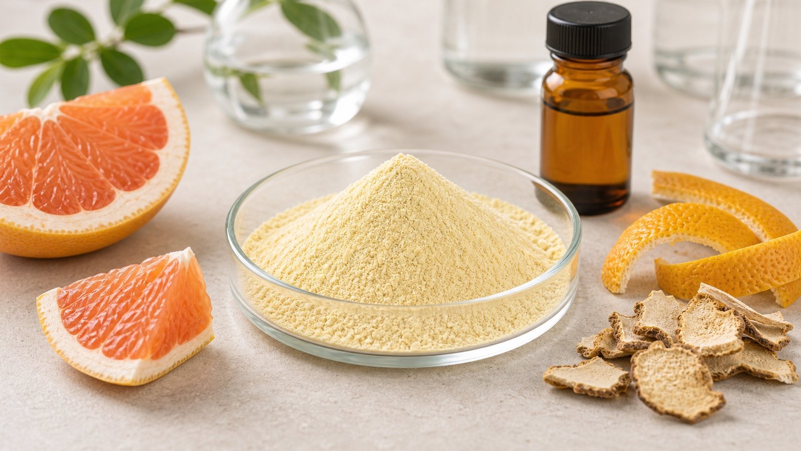 Naringenin extract powder with citrus peel and amber sample bottle