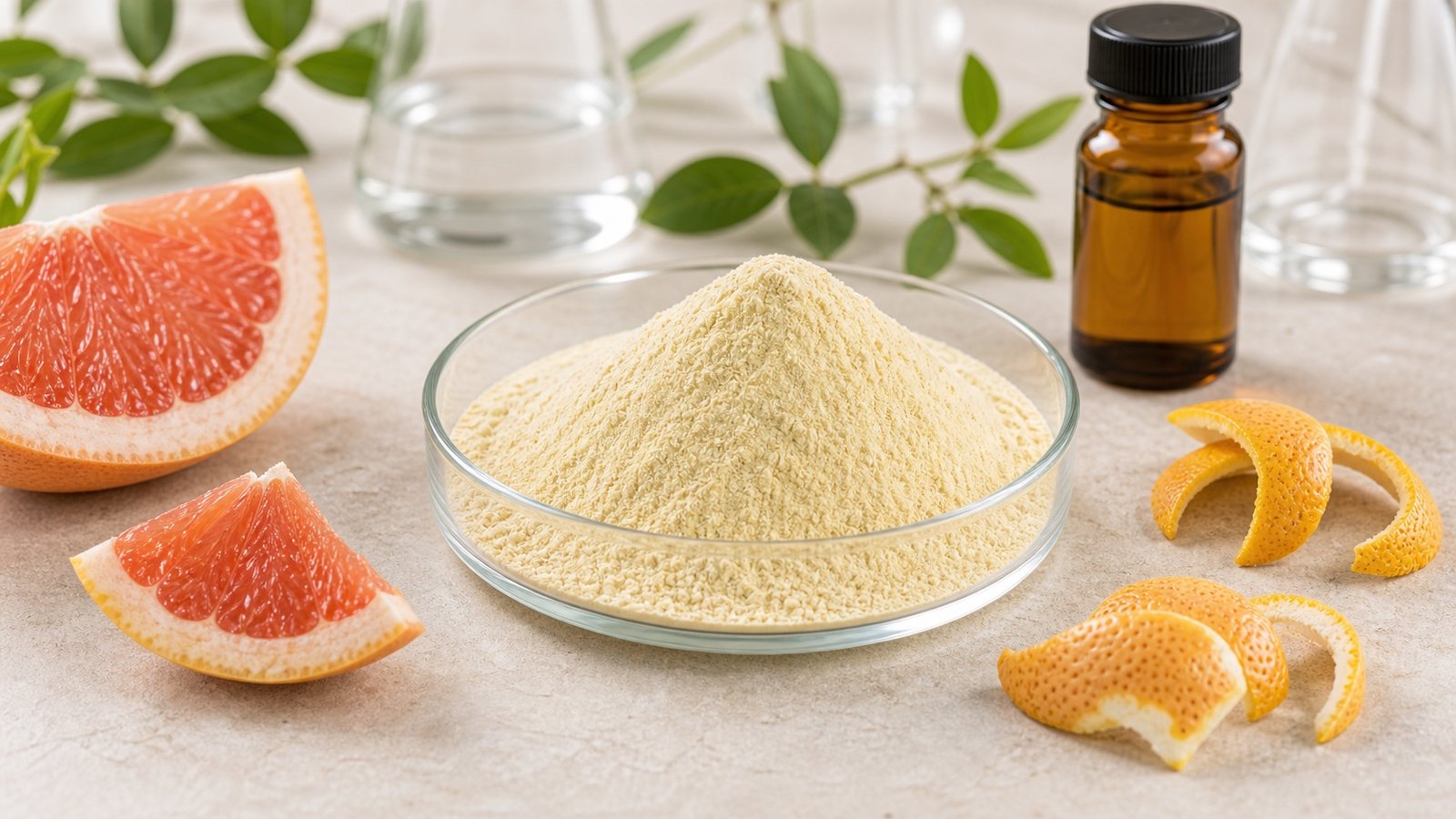 Naringin extract powder with grapefruit peel and amber sample bottle