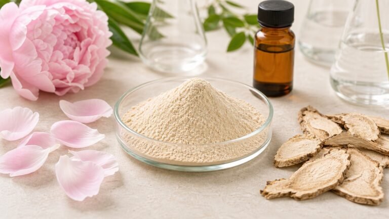 Peony root extract powder with dried peony root slices and amber sample bottle