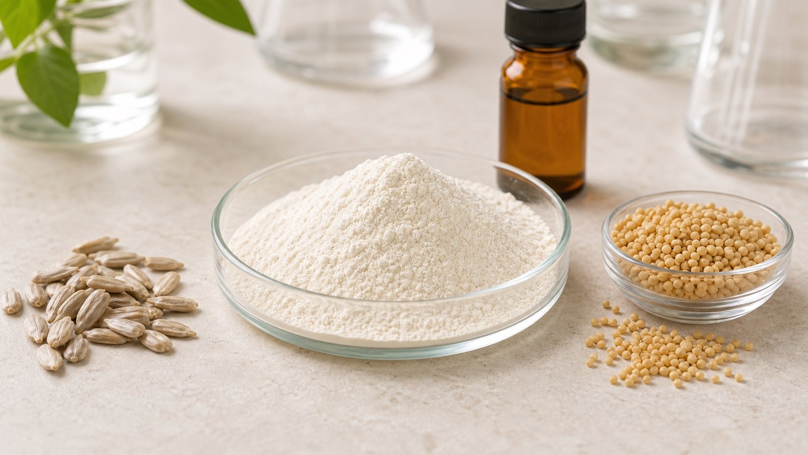 Phosphatidylserine powder with sunflower lecithin granules and amber sample bottle