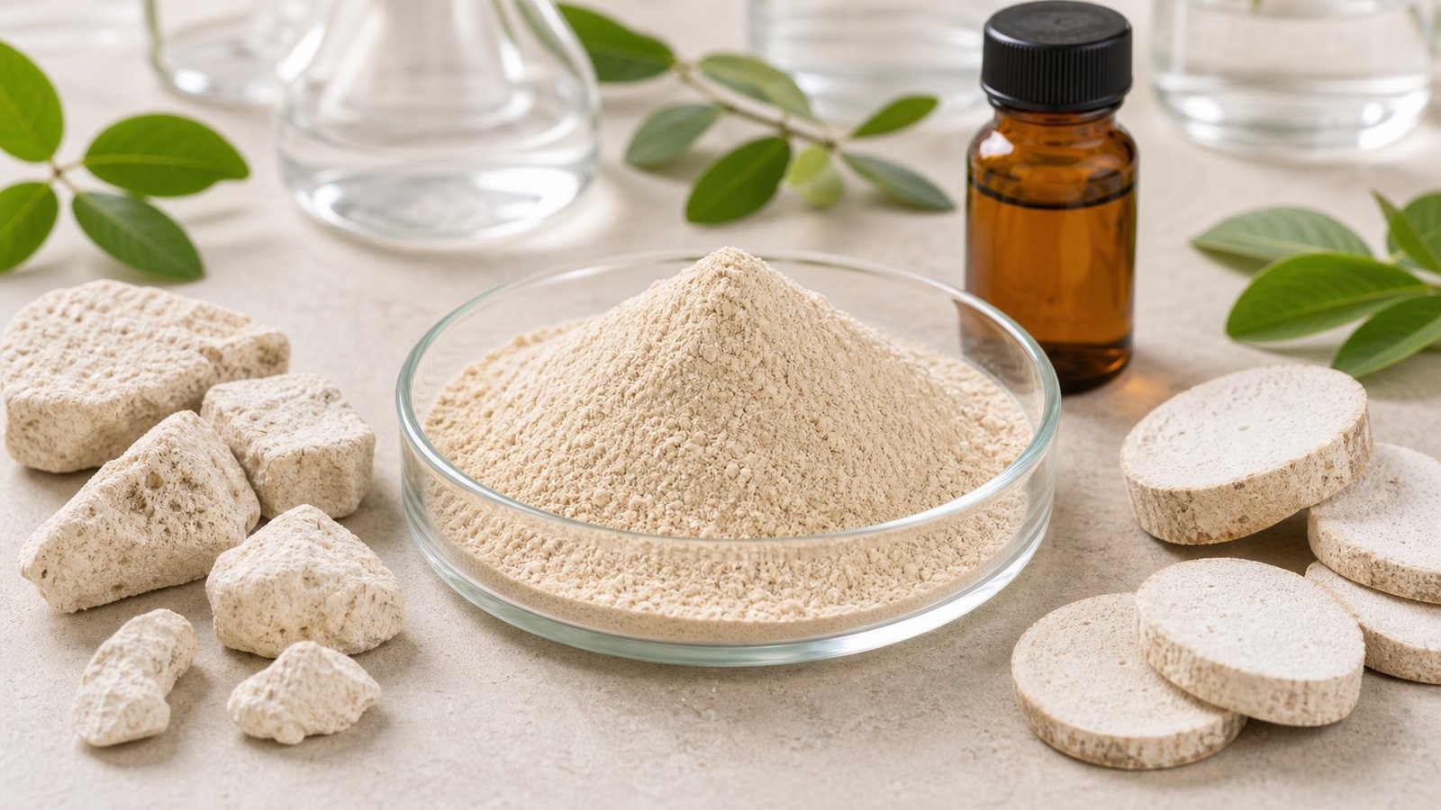 Poria mushroom extract powder with dried poria slices and amber sample bottle