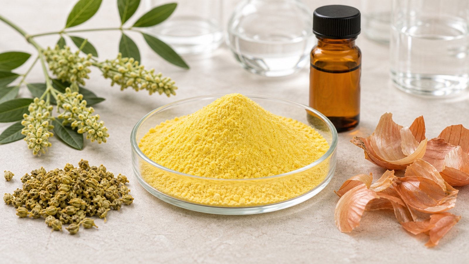 Quercetin dihydrate powder with sophora flower buds and amber sample bottle