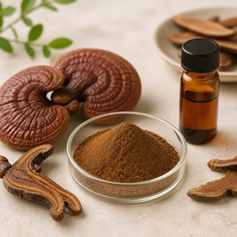 Reishi mushroom extract powder with dried reishi slices and amber sample bottle