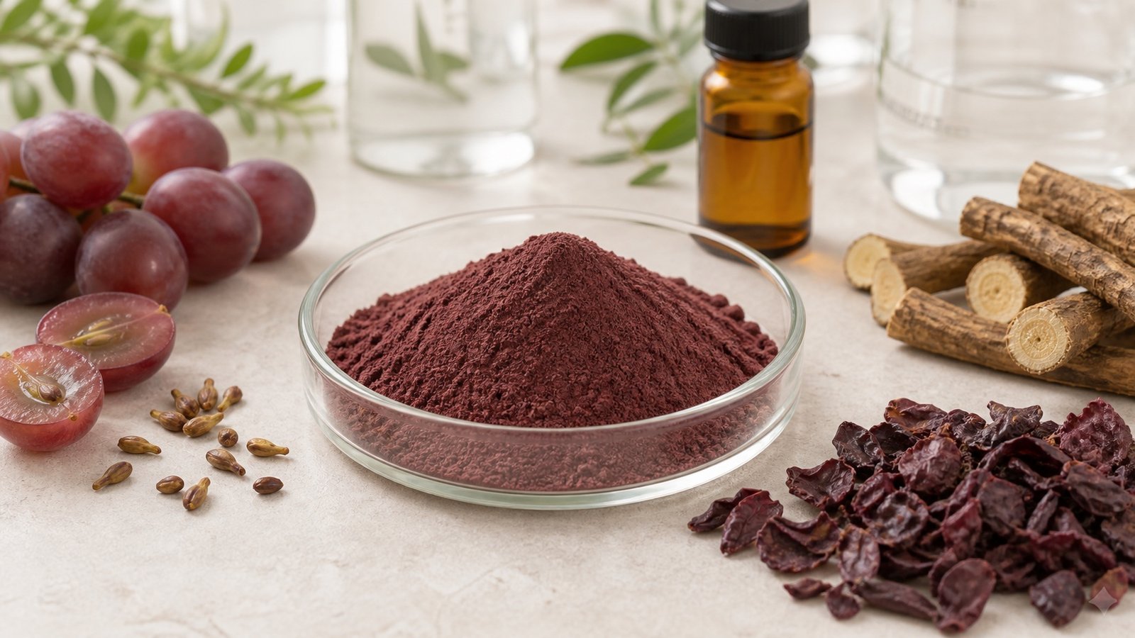 Resveratrol extract powder with grapes, seeds, knotweed root, and amber sample bottle