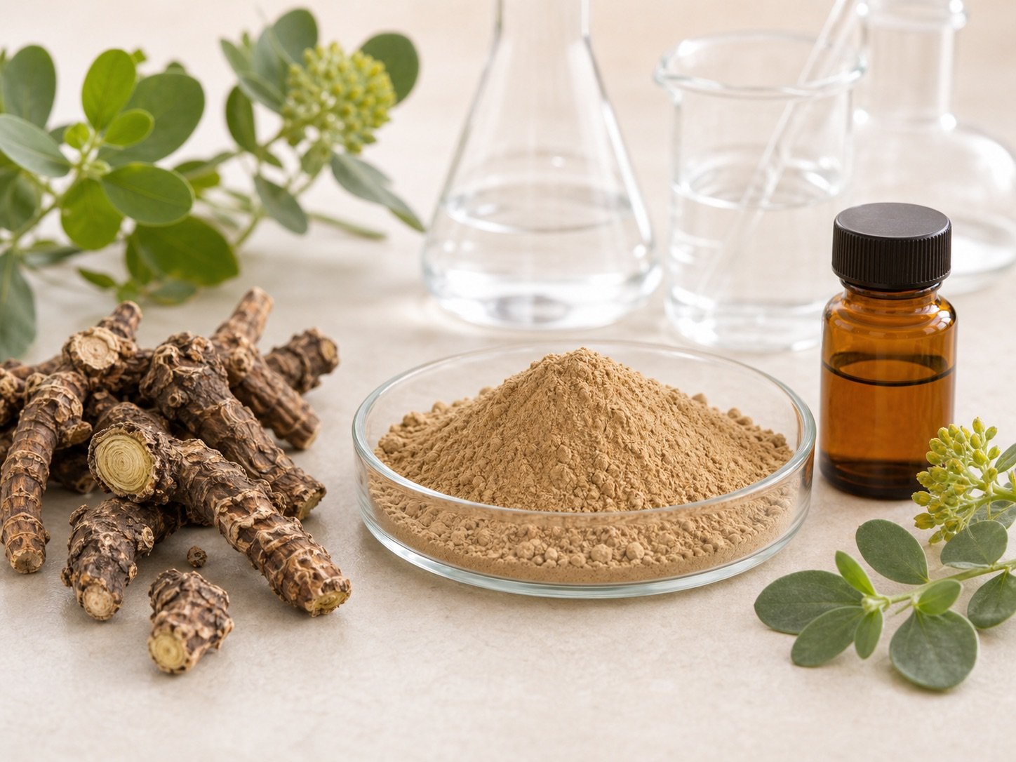 Rhodiola rosea extract powder with dried rhodiola roots and amber sample bottle