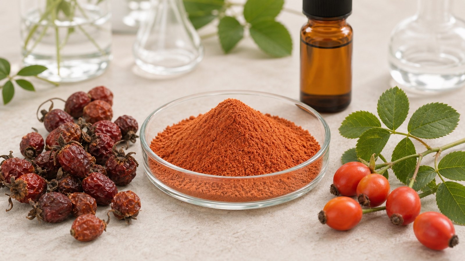 Rosehip extract powder with dried rose hips and amber sample bottle