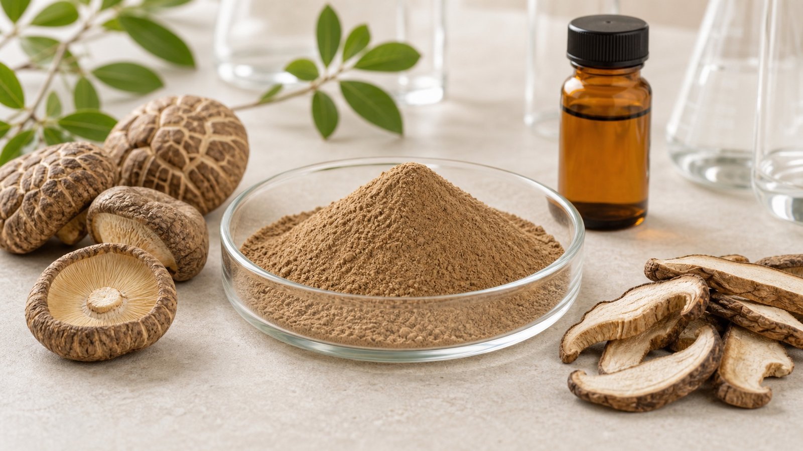 Shiitake mushroom extract powder with dried shiitake mushrooms and amber sample bottle