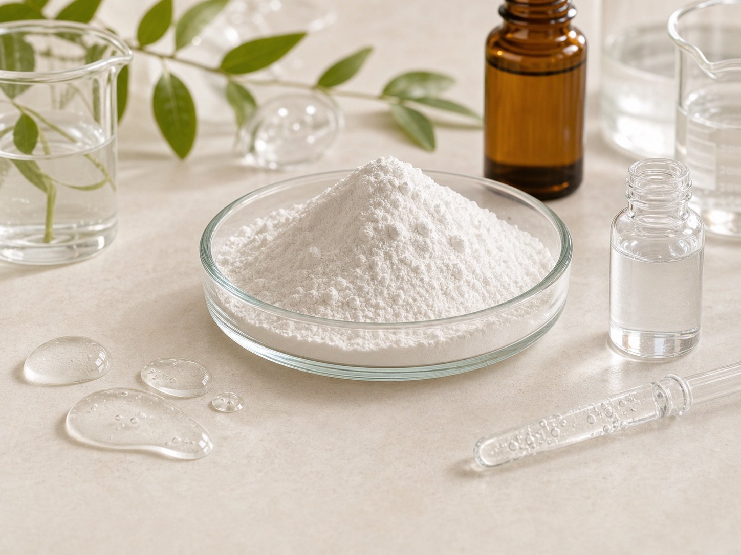 Sodium hyaluronate powder with serum droplets and cosmetic lab glassware