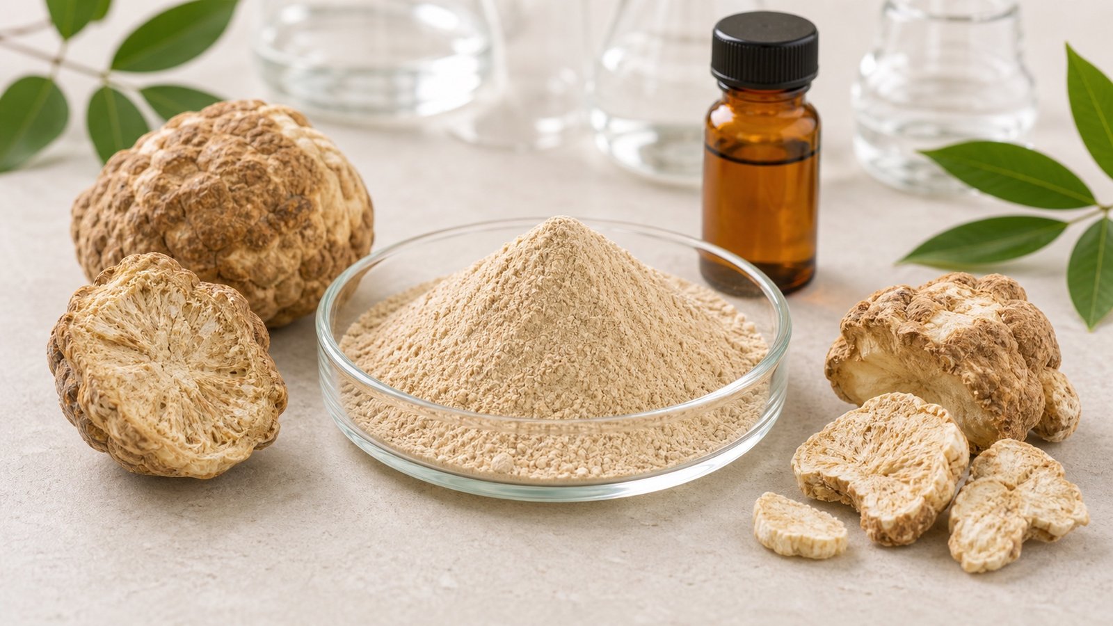 Tiger milk mushroom extract powder with dried sclerotium pieces and amber sample bottle