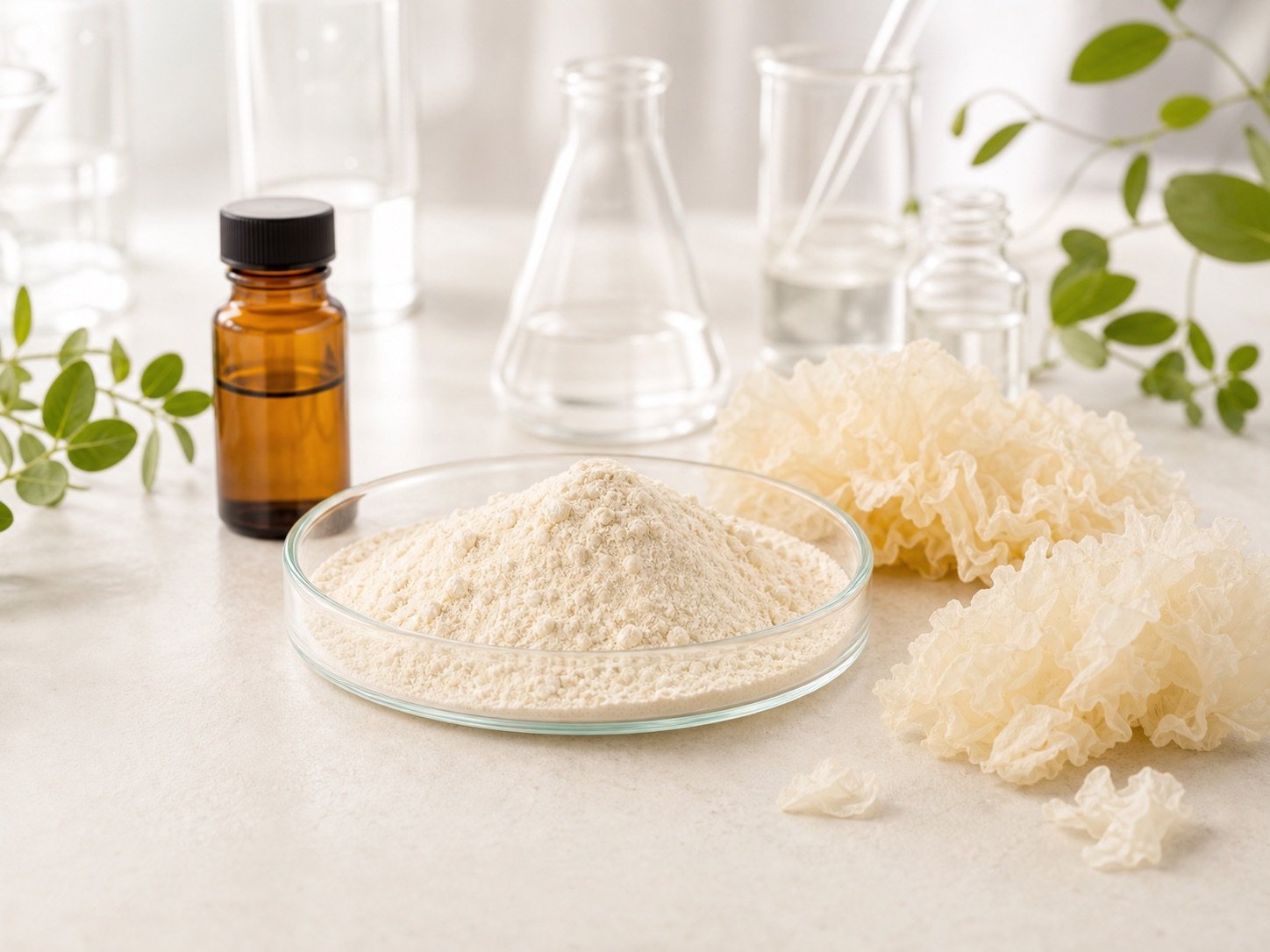 Tremella mushroom extract powder with snow fungus and amber sample bottle