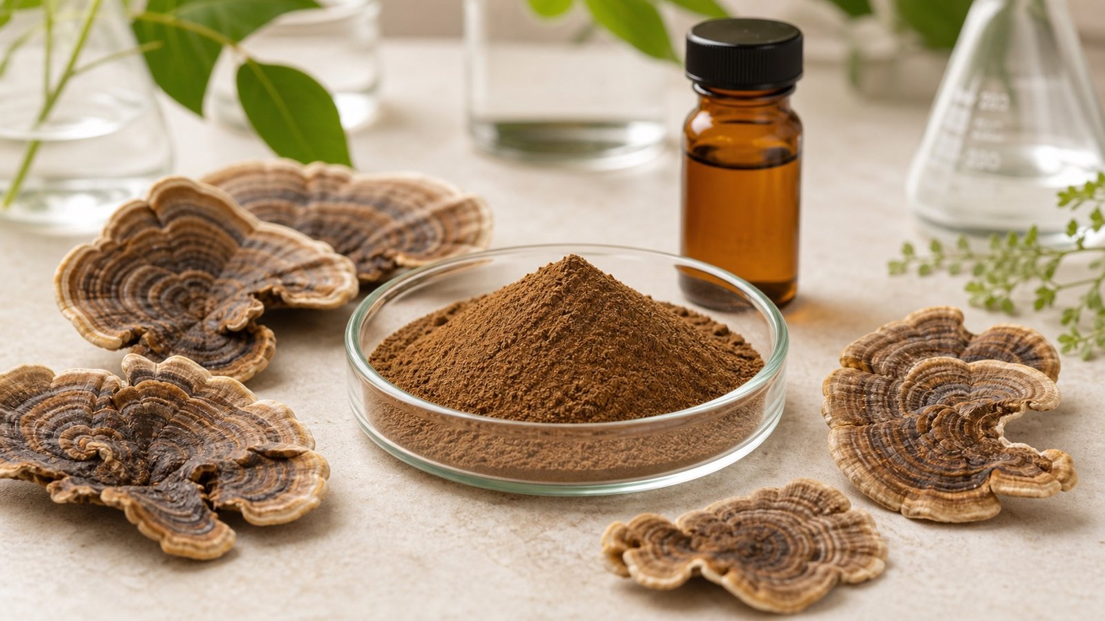 Turkey tail mushroom extract powder with dried turkey tail slices and amber sample bottle