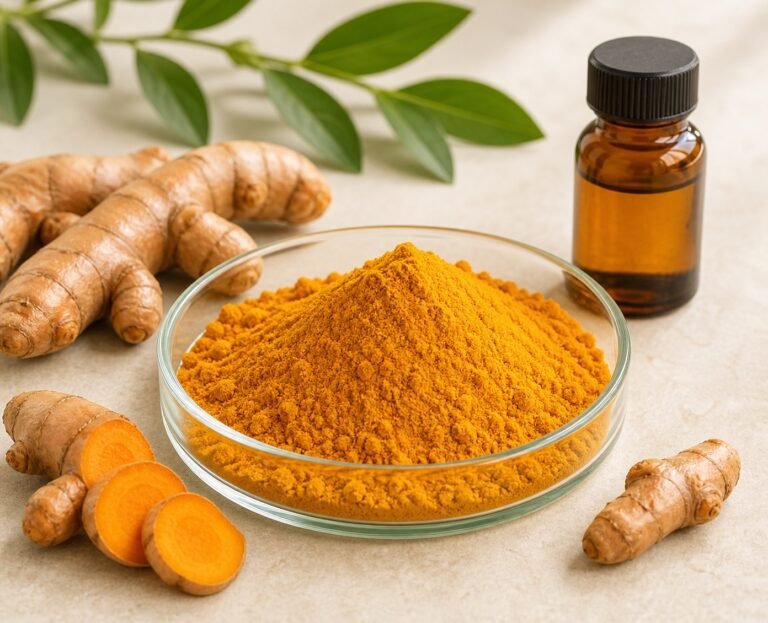 Turmeric curcumin extract powder with turmeric rhizomes and amber sample bottle