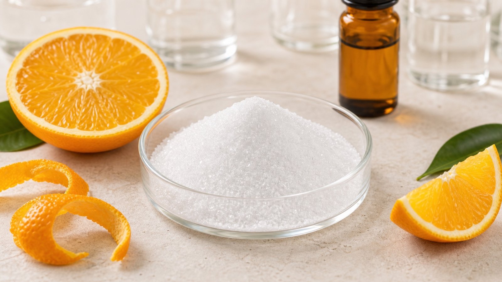 Vitamin C ascorbic acid powder with citrus slices and amber sample bottle